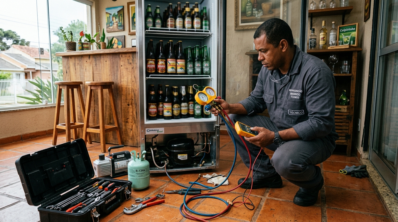 Profissional executando reparo no motor de cervejeira em Florença, Goiânia‑GO