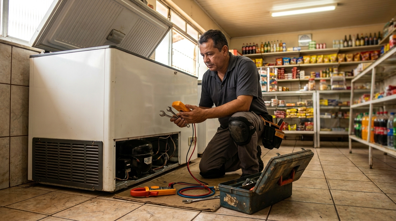 Profissional executando manutenção no motor de freezer em Goiânia‑GO