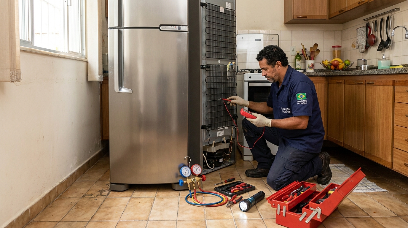 Profissional fazendo manutenção do motor de geladeira em Goiânia‑GO