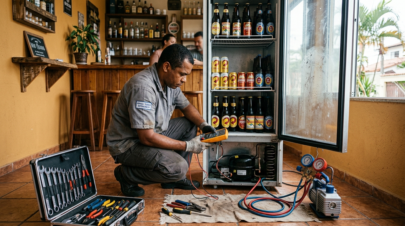 Substituição de termostato de cervejeira em serviço técnico em Florença, Goiânia‑GO